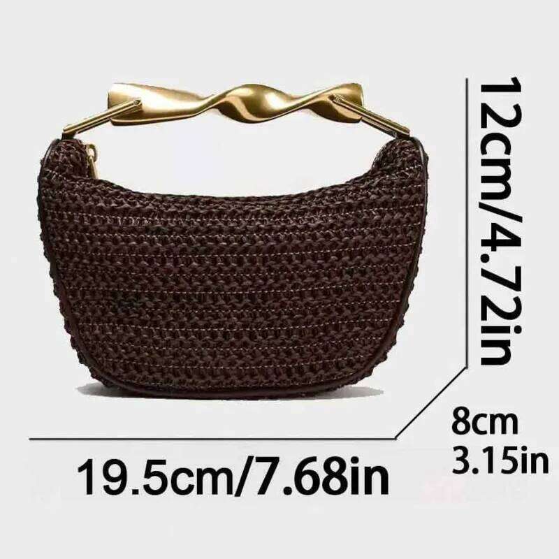 Stylish Gold Metal Handle Woven Handbag Women's 2025 New Brand Straw Pu Leather Material Chain Shoulder Crossbody Bag