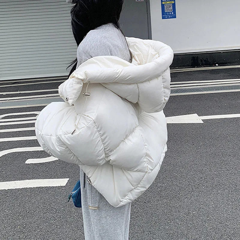 puffy hooded short parka thicken loose down cotton coat for women solid color warm outwears winter jacket 251015