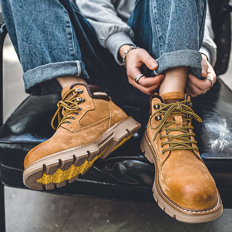 Top Layer Pigskin Martin Cargo Shoes Handcrafted Color Rubbed American Street Style Yellow Boots