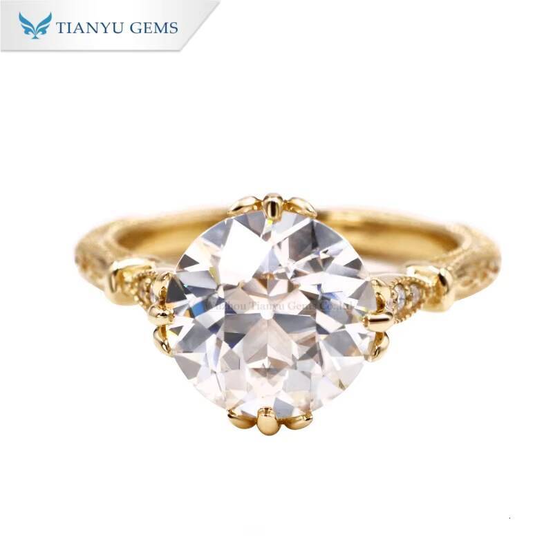 Tianyu Gems Hot Sale Design Round OEC Cut Moissanite Diamond D VVS1 11mm 5ct 10k 14k 18k Yellow Gold Ring