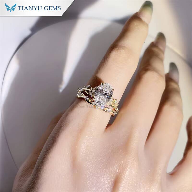 Tianyu Gems Custom Made Oval Moissanite Diamond 75105mm 3ct and Marquise Moissanite 10k 14k 18k Yellow Gold Ring Set