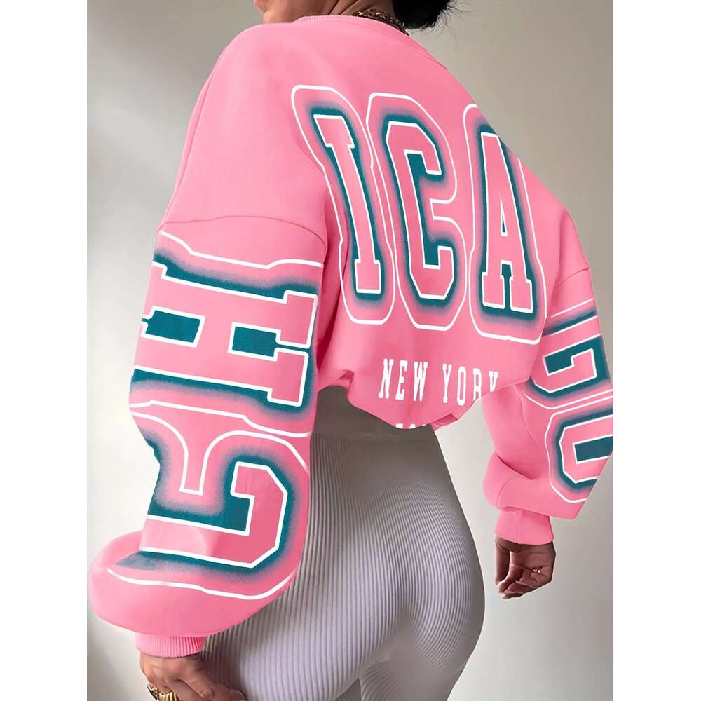 Women's Oversized Graffiti Letter Print Sweatshirt - Bold "New York" Graphic In Teal & Black, Crew Neck Casual Pullover, Hine Washable 