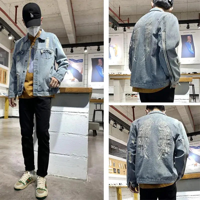 Vintage Distressed Denim Jacket Mens Angel Wings Embroidery Loose Fit Zip Cuff Ripped Elbow Korean Spring Fall Streetwear Coat 251016