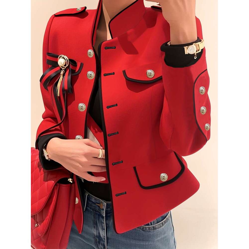 Elegant Women S Slim Fit Long Sleeve With Bowknot Detail Non Stretch Fabric Single Breasted Placket Stand Collar Solid Color Perfect For Spring Fall