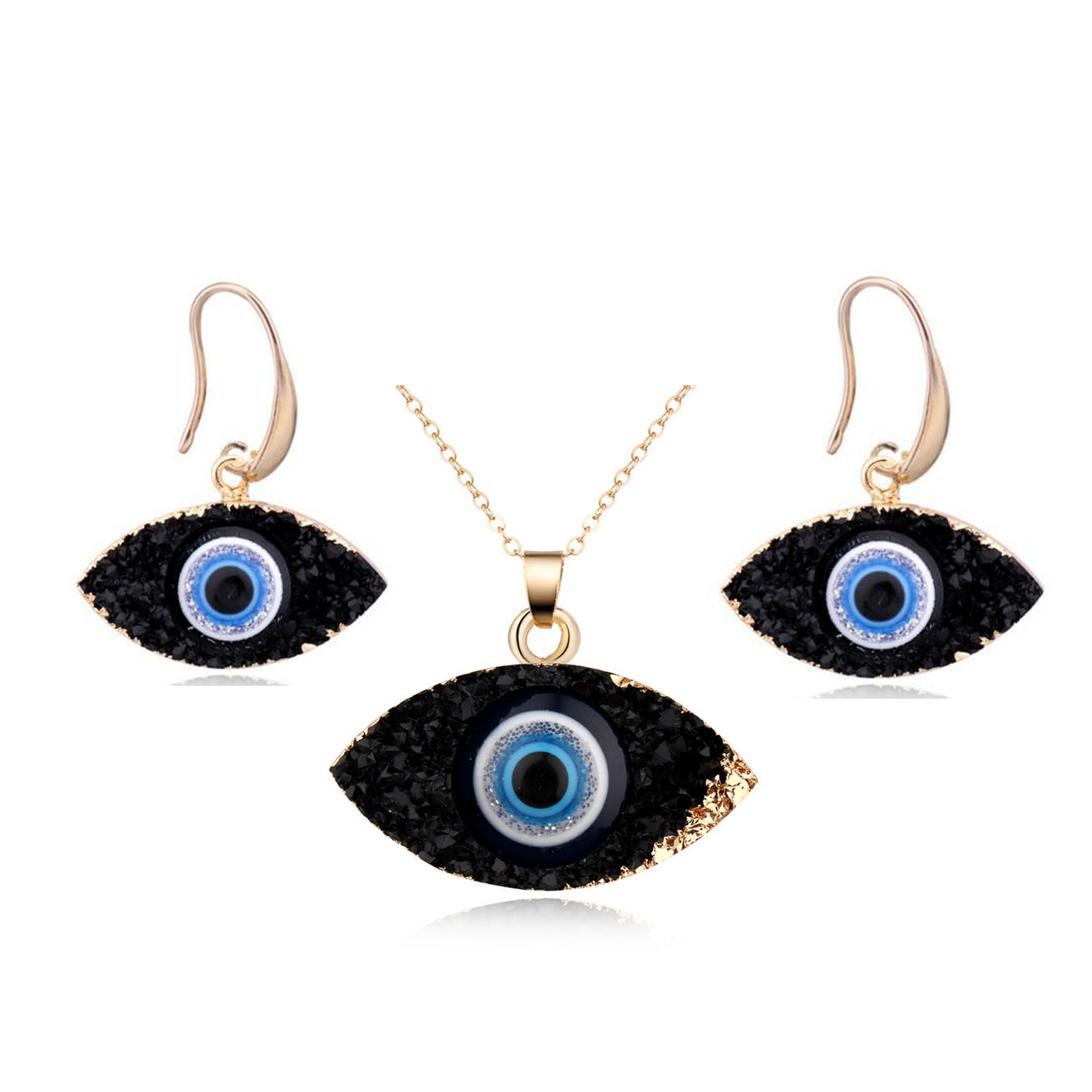Hip Hop 18K Gold Plated Evil Eye Pendant Necklace Earrings Jewelry Set for Women Good Luck Charm Crystal Necklace Earrings Lucky Jewelry Gift Fashion 