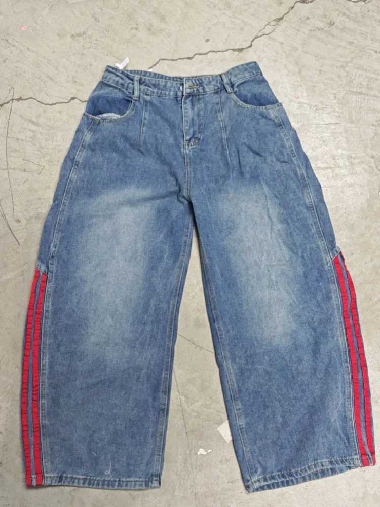 Trashy Y2K 2000S Red Striped Patchwork Washed Blue Baggy Jeans Pants For Men Clothing Wide Leg Korean Casual Lady Denim Trousers J251030