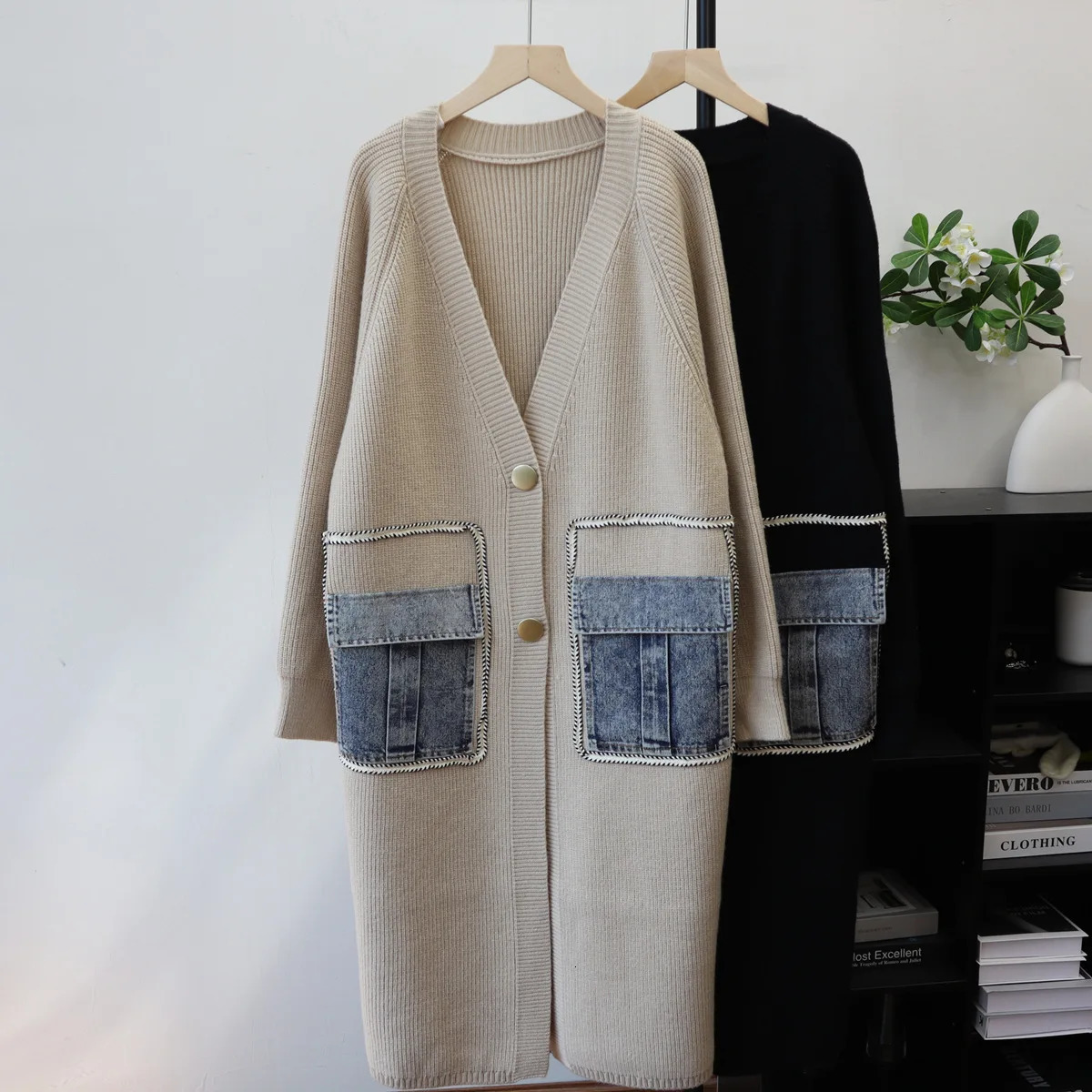 Spliced Women Cardigan Sweaters Knitted Long Jumpers V Neck Long Sleeves Denim Pocket Button Loose Fit Casual Autumn Winter 2025 251029