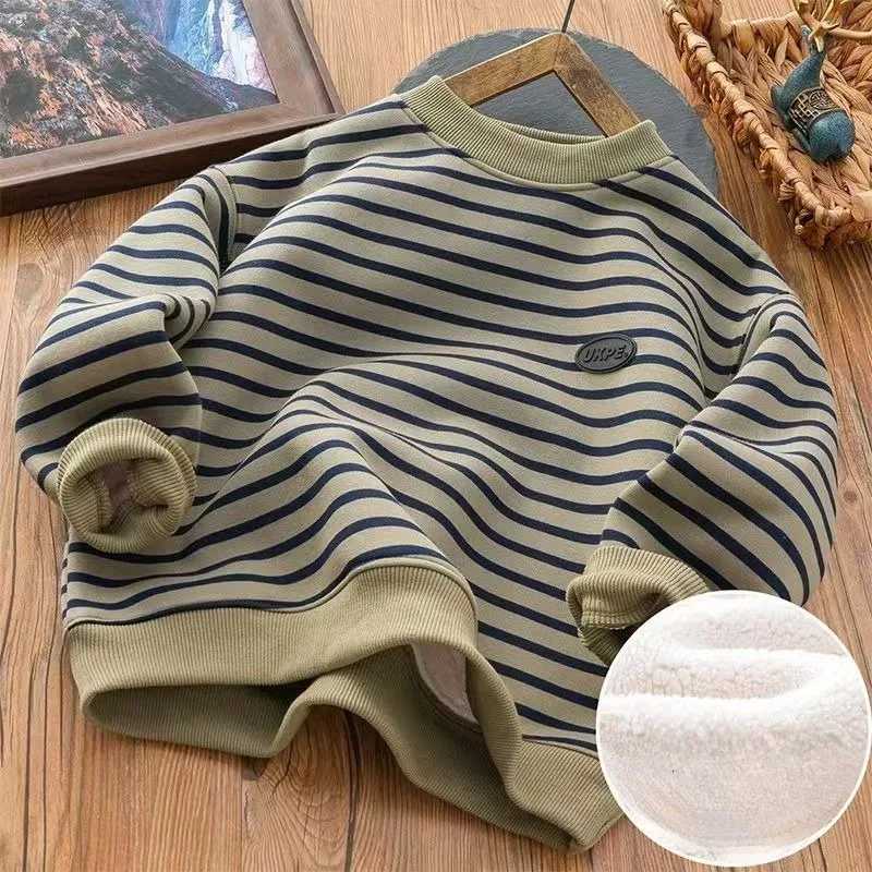 Boys Striped FleeceLined Thickened Long Sleeve Sweatshirt 2025 Winter New Arrival Warm Base Layer MidBig Size TopT251030