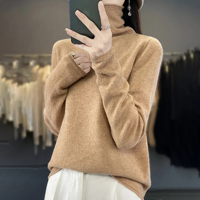Fashion 100 Merino Wool Sweater Elegant Cashmere Pullover Women Pile Collar Long Sleeve Knitwear Basic Clothing Jumper Tops 251028
