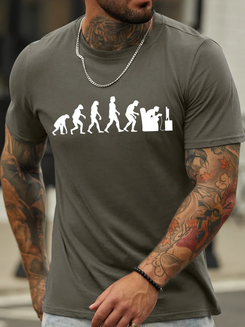 European & American Oversized Men's Gaming Evolution Funny Graphic Print Cotton Casual Text T-Shirt - TT7306
