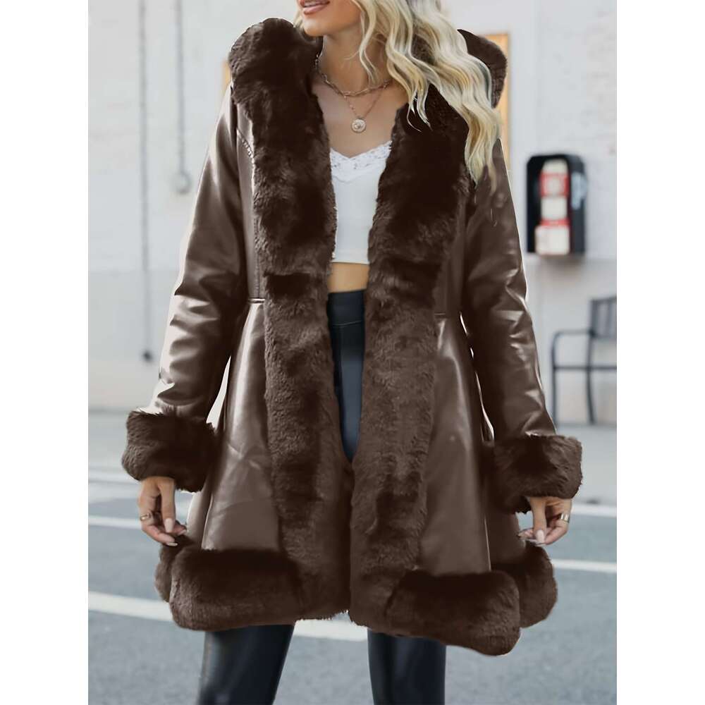 Women S Elegant Long PU Leather Hooded With Faux Fur Trim A Line Silhouette Brown Perfect For Fall Winter Stylish And Versatile Belt Detail Non Stretc
