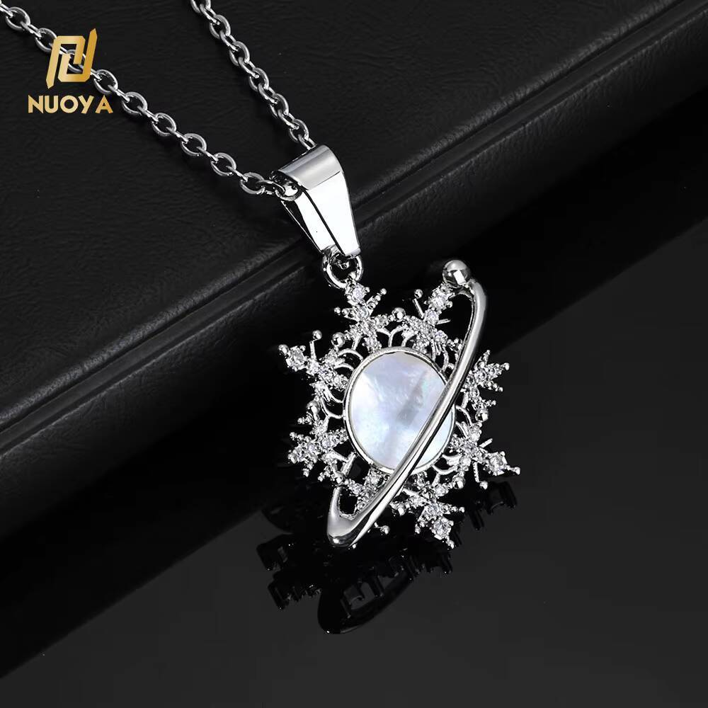 NUOYA Womens Silver Fashion Christmas Jewelry Pendant Necklace Inlaid Circular Shells Bling Diamond Snowflake Pendant for Gift Designer's style