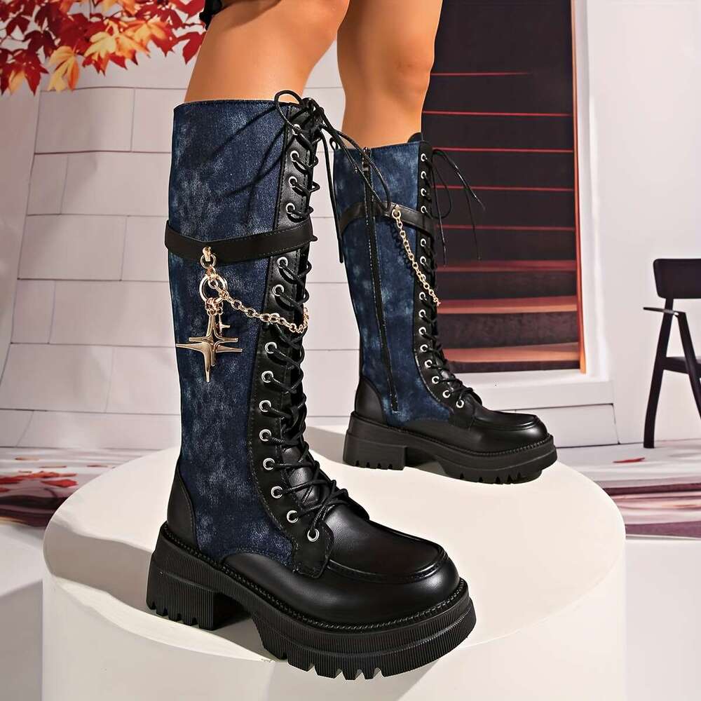Women's Winter New Solid Color Patchwork Lace-Up Star Metal Chain Side Zipper Thick Sole Chunky Heel Knee-High Boots Fashion Versatile Casual Hig