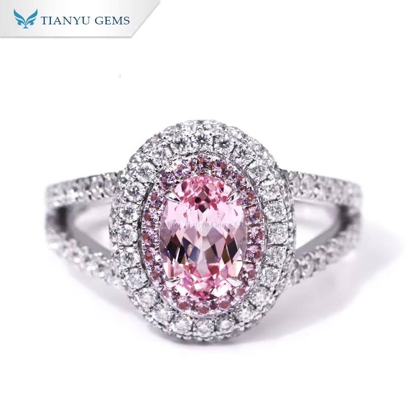 Tianyu Gems 6x85mm Oval Pink Lab Sapphire Ring Moissanite Diamond 10K 14k 18K White Gold Wedding Engagement Rings for Women