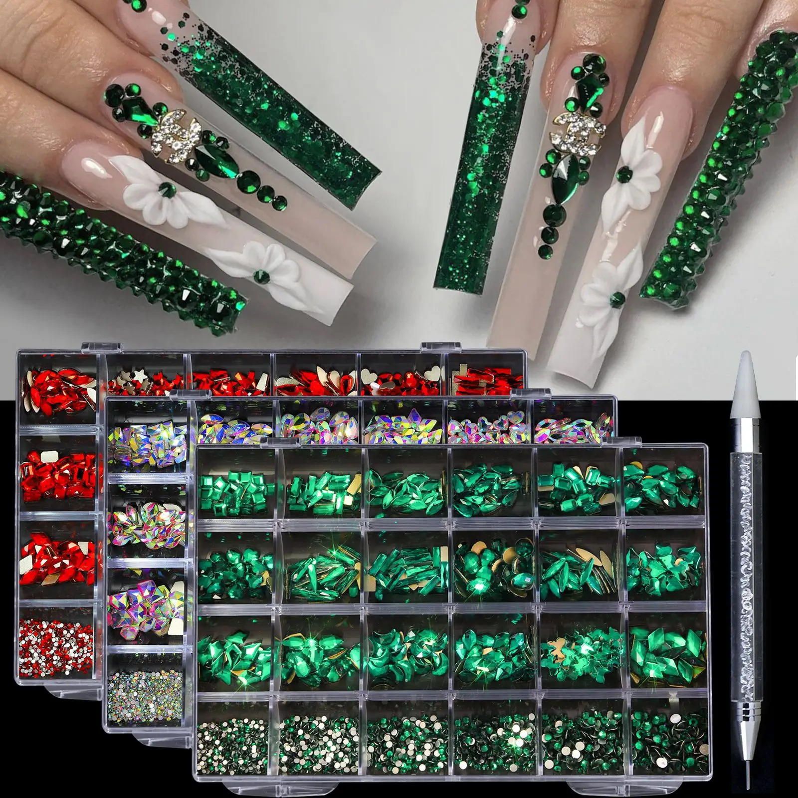 24 Grids Christmas Nail Art Rhinestones Set MultiShapes Colorful Flatback Diamonds 3D Sparkling Charms for Festive Manicures 251027