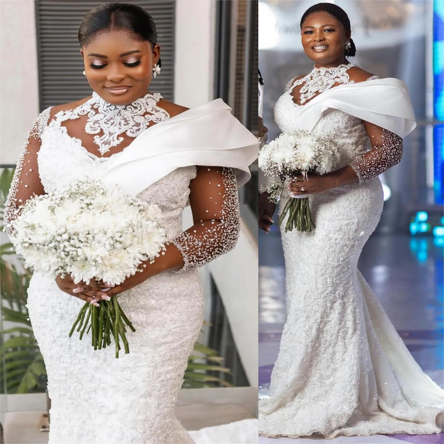 Ivory Mermaid Wedding Dress Plus Size Luxurious Pearls Lace Vintage Bridal Gowns Dresses