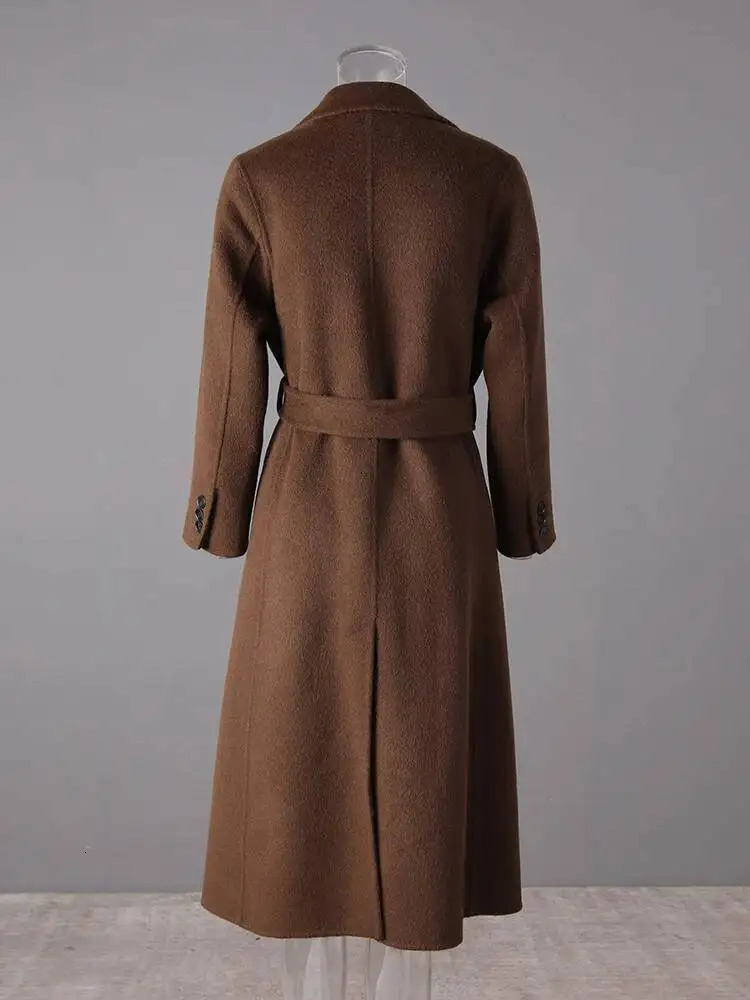 EAM Brown Belted Big Size Long Elegant Woolen Coat Lapel Sleeve Women Jacket Fashion Autumn Winter 2025 CPG4131 251010