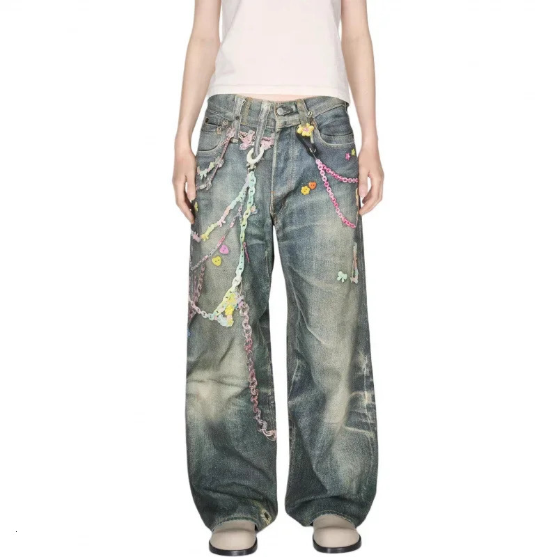 Loose Wide Leg Denim Jeans Retro Candy Chain Print Unisex Spring Summer Style Loose Low Waist Trousers for Couples 251029