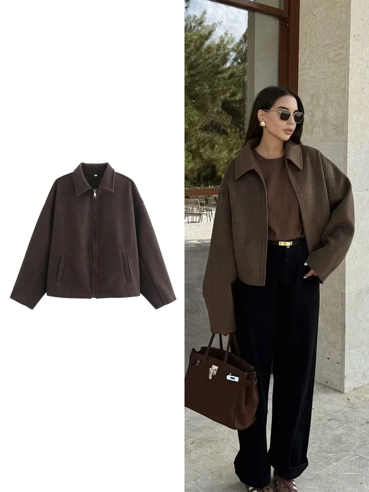 Womens Wide Solid Colour Zip T Jacket Fashion Style Basic Lapel Long Sleeve Coat Tops 251027