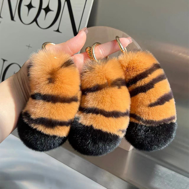 Lovely Tiger Tail Rex Rabbit Fur Car Keychain Plush Decoration for Women's School Bags