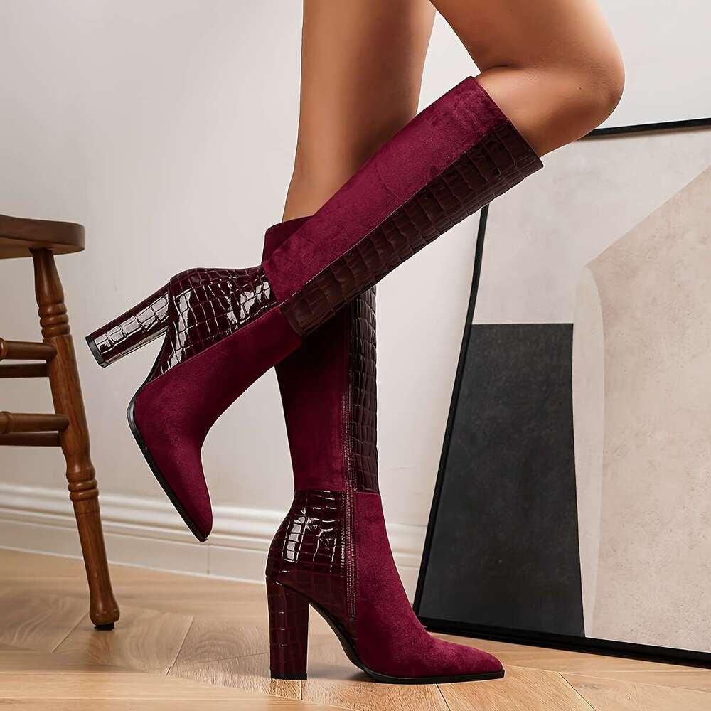 Women's Pointed Toe Knee-High - Faux Cover, Wine Lined, Zipper Closure, Ultra-High Heel, Perfect For & Fall, Autumn Winter Footwear Elegant Boot 