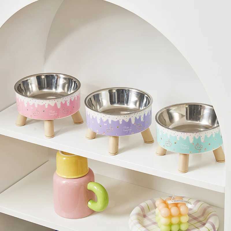 An ice cream pet bowl Colorful feeding and water cat bowl Fashion cartoon design dog bowl Pet highlegged neck bowl J251113