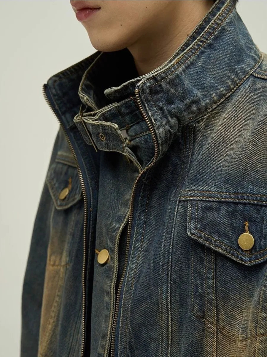 Vintage Denim Jacket Man Woman Short Zipper Single Breasted Cowboy Crop Coats Blue Washed Stand Collar Unisex Jeans Outerwear 251016