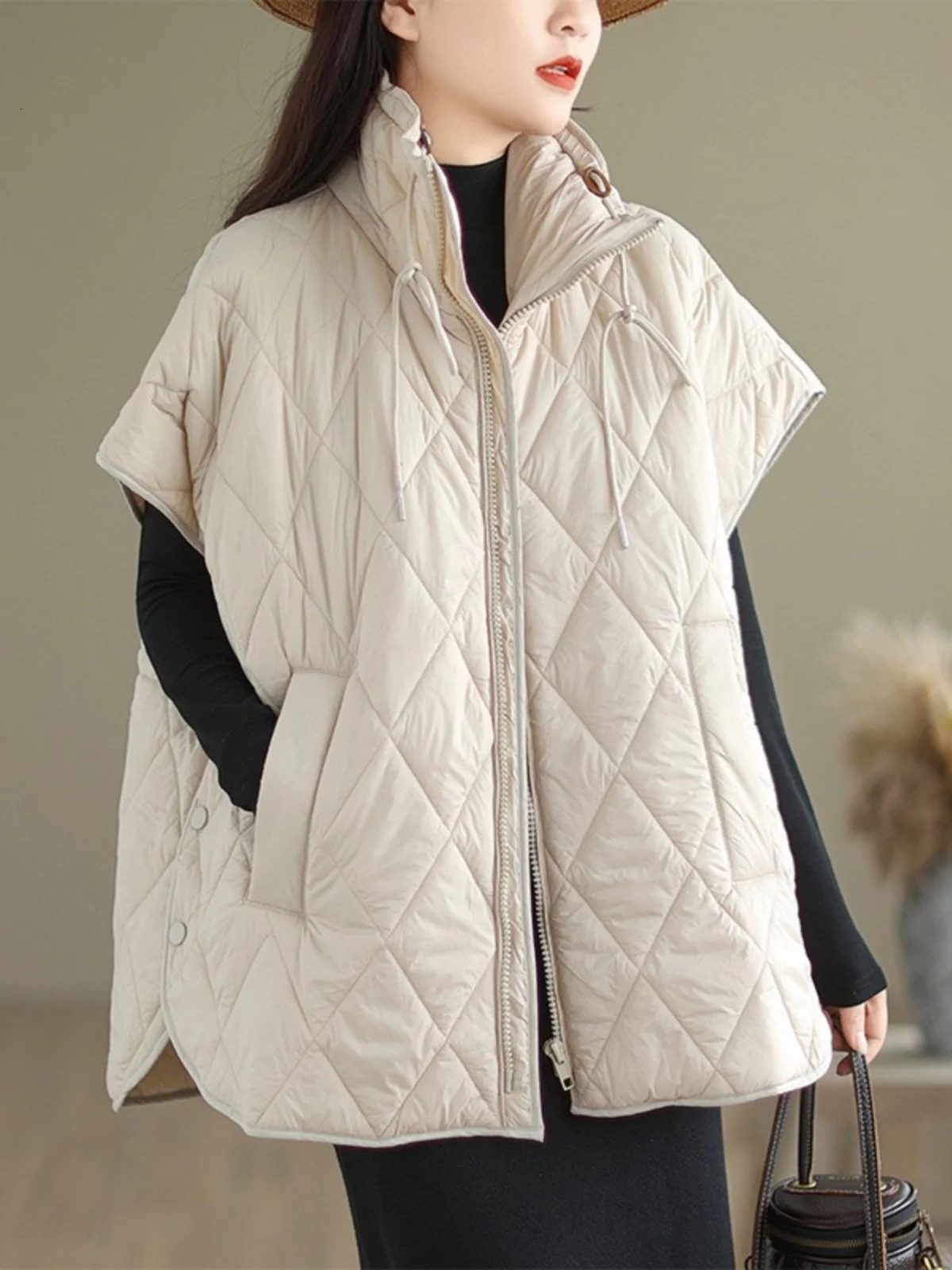 2025 Autumn Winter Loose Commute Cotton Jaet Womens Sle Diamond id down Cotton Vest Simple Matching Outerwear 251029