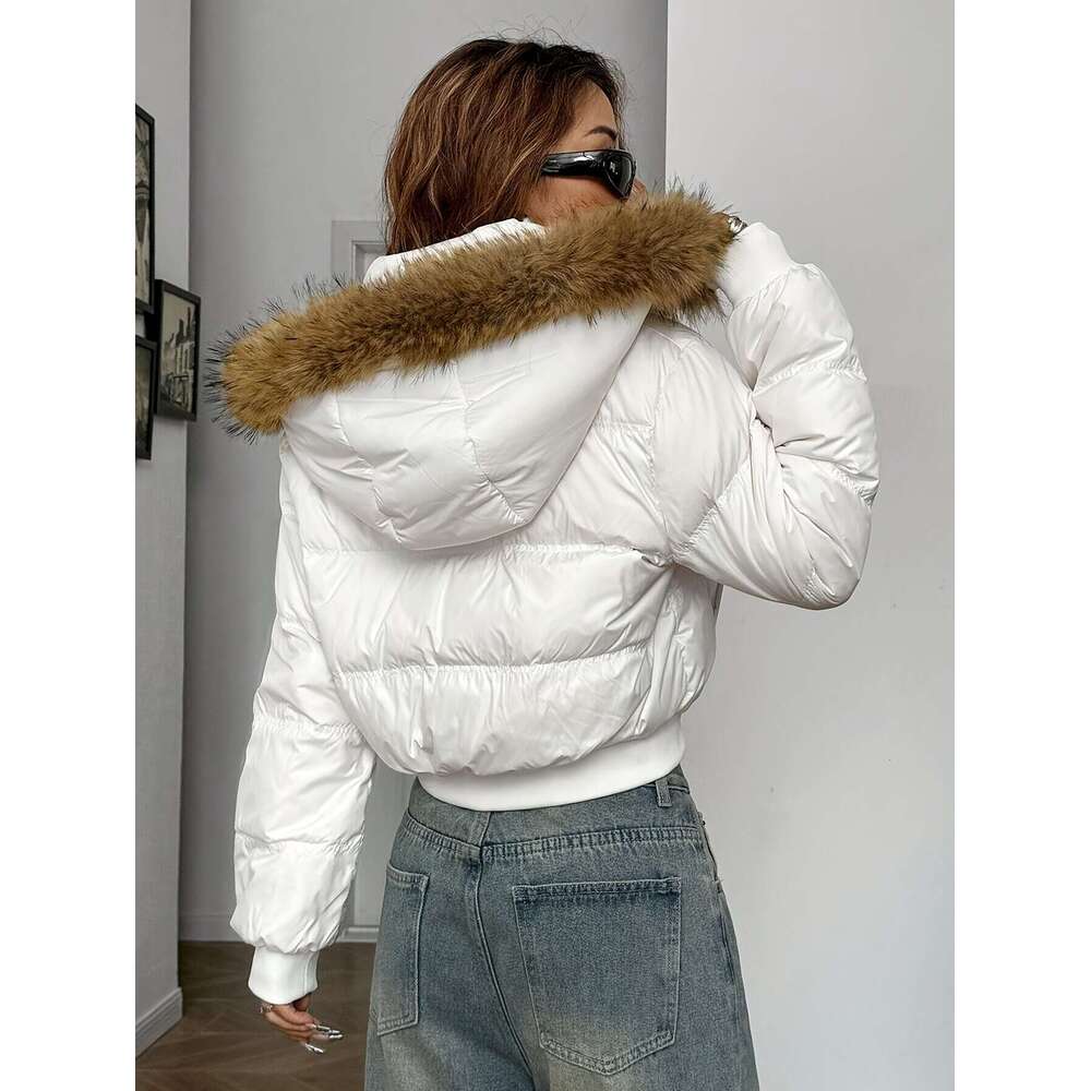 Women S Short Jacket Thickened Warm Hooded Zipper Pocket Design With Ribbed Cuffs And Hem Detail Removable Faux Fur Collar For Autumn Winter New Arriv