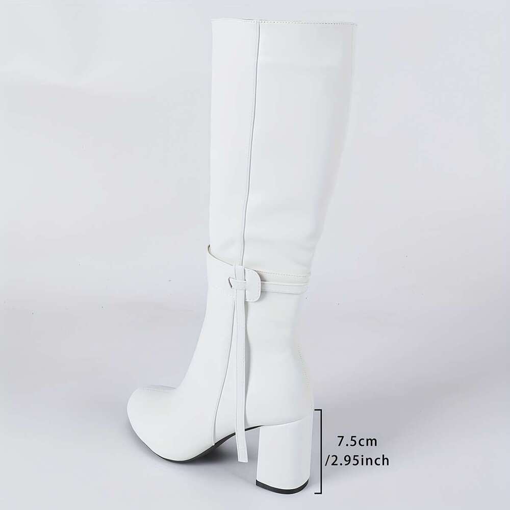 Women's Elegant White Faux Cover Knee-High Knight Boots With Thick Heel - Round Toe Comfortable Fabric Lining & PVC Sole For Autumn/Winter, Europ
