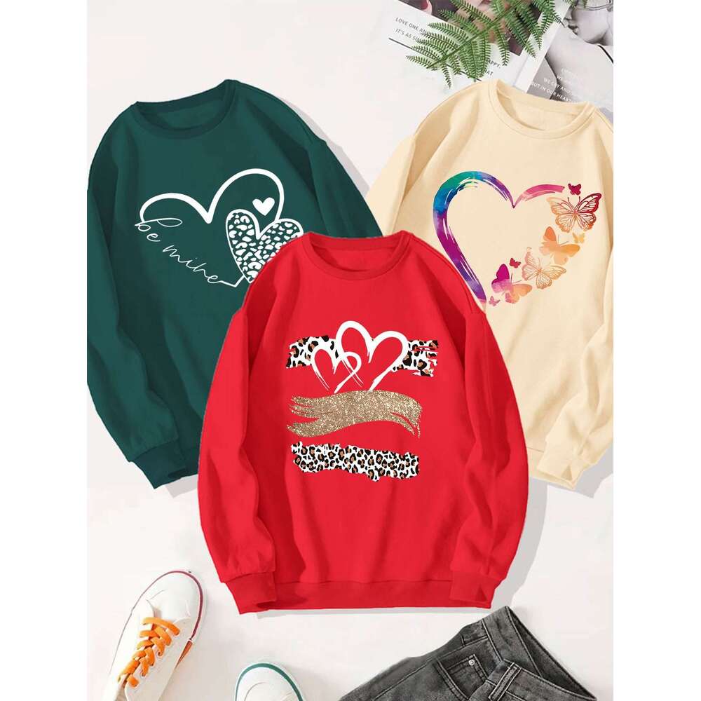 Women S Pcs Gradient Heart Butterfly Letter Print Sweatshirt Set Cozy Round Neck Hoodies With Love Phrases Leopard Accent Mermaid Tail Designs In Red 