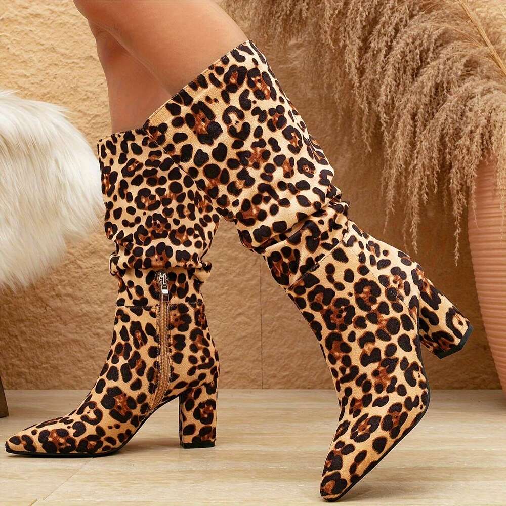 Women's Heel Boots With Leopard Print, Pointed Toe, Block Zipper Closure, Winter All-Season, Flannel Upper, Mesh Inner, Rubber Sole, High Heel, H