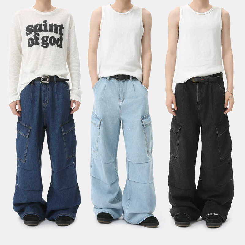 Men's Jeans Man Clothing|Korean Style High Street Heavy Craft Deconstructed Three-Dimensional Multi-Pocket Straight Wide-Leg Cargo Jeans