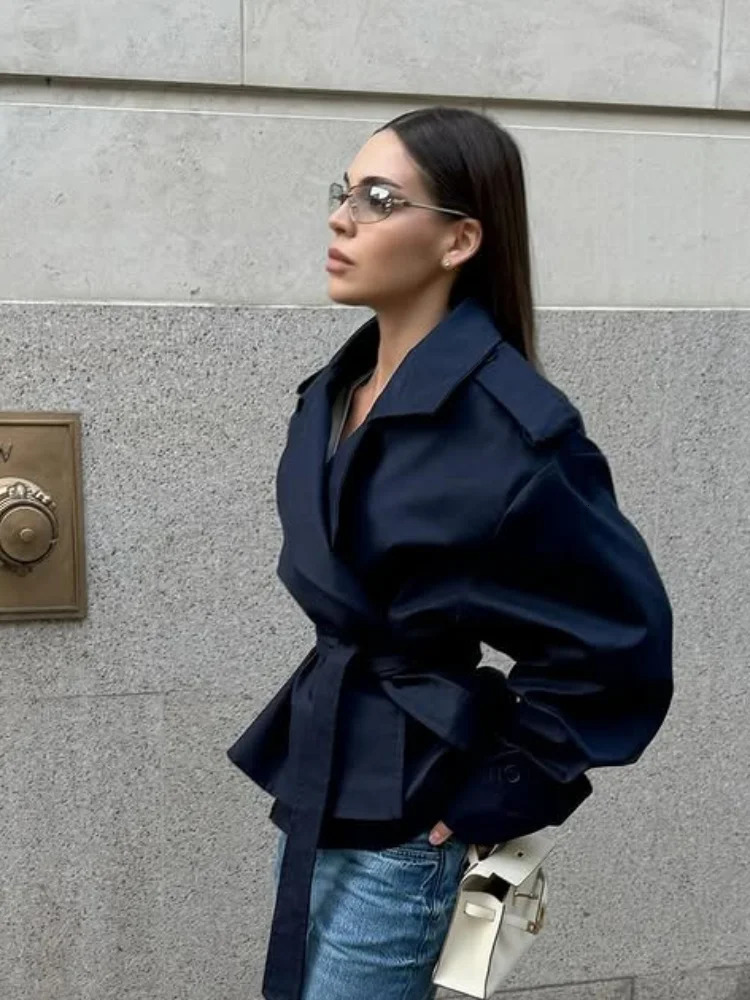 Cropped Laceup Blue Casual Trench Coat Women Lapel Long Sleeve Wide Shoulder Windbreaker Jacket Fall Commute Daily Streetwear 251030