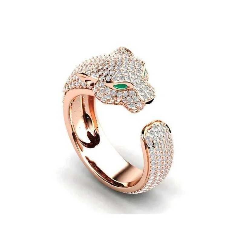 Leopard Panther Head Opening Ring Inlaid Rhinestone Finger Ring For Unisex Wedding Engagement Hip Hop Party JewelryW251030