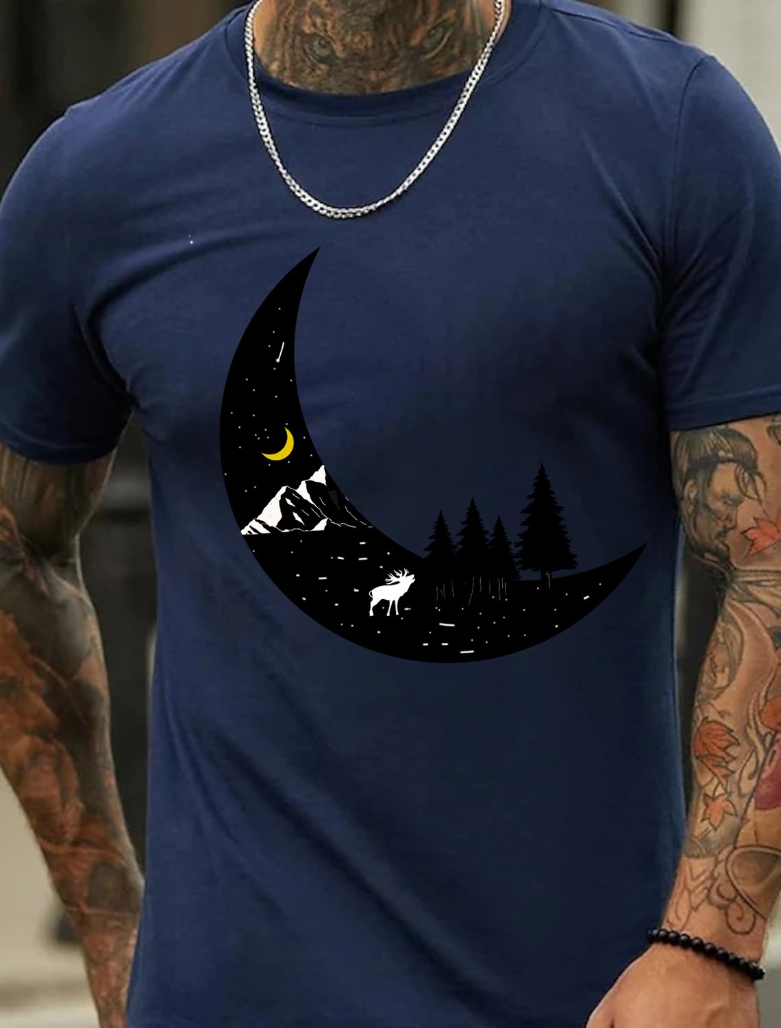 Europe & America Oversized Black Moon Print Men's Cotton Summer T-Shirt - TT7076