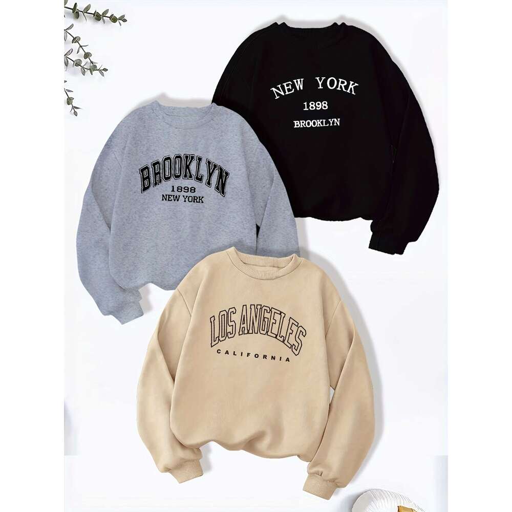 Pack Women S Casual Crew Neck Sweatshirts Polyester Knit Fabric Long Sleeve Alphabet Print Pullovers Slight Stretch Regular Fit For Fall Winter