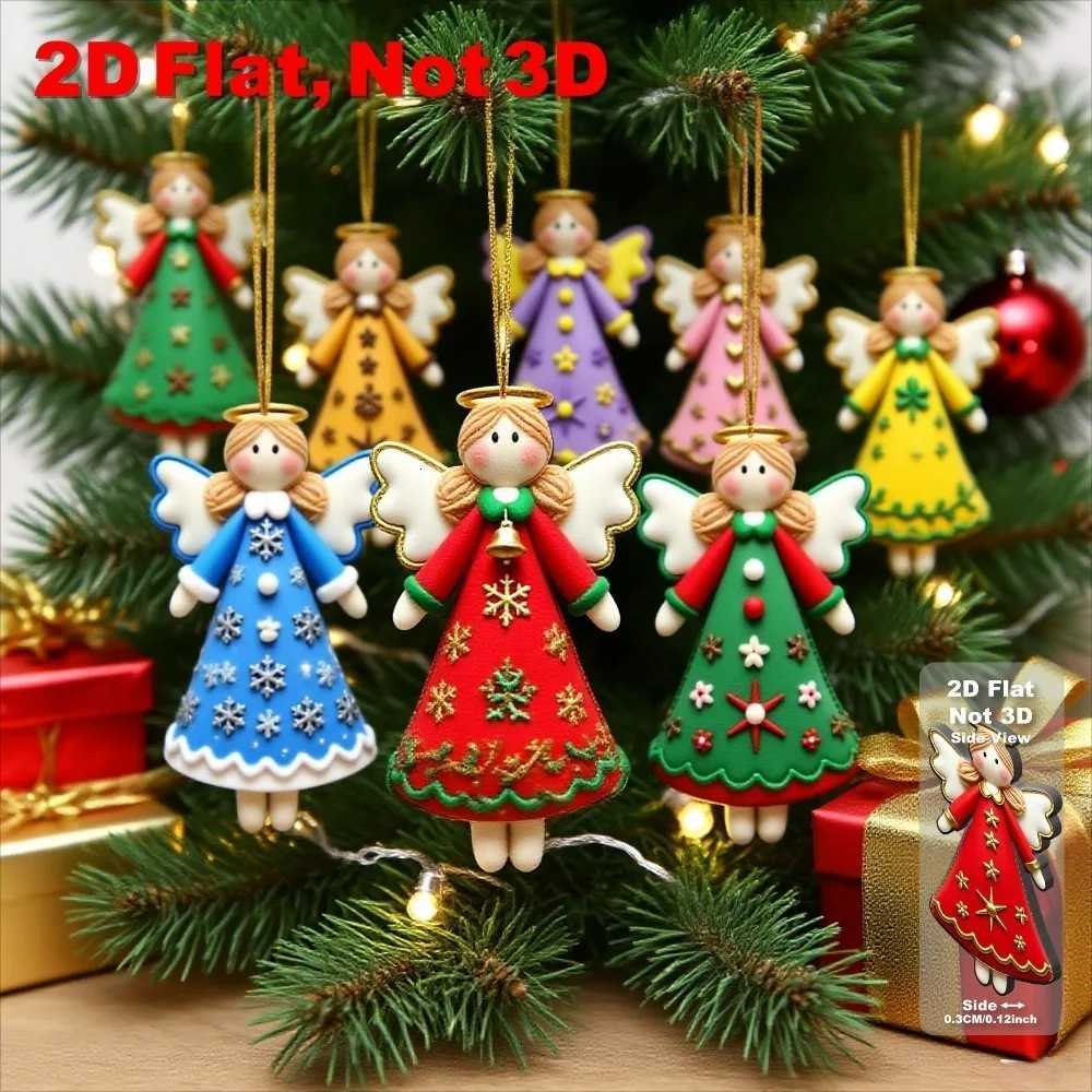 16pcs Artificial Wood Angel Ornaments with Golden Star Ribbon Bows 2D Flat Pendants for Christmas Thanksgiving New Year Decor C251030