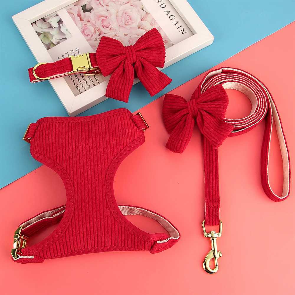 3PCS Dog Collar Harness Leash Set Breathable Dog Harnesses Soft Velvet Puppy Necklace With Bowknot Pet Walking Rope For Dogs Pug J251129