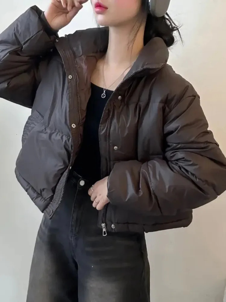 Chic Winter ort PU Protein Leather Zipper Stand Collar Womens Bread Sle Coat Pure Color Korean Version Loose Fit Cotton 251030