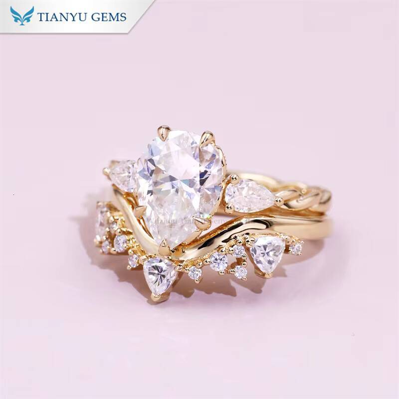 Tianyu Gems Custom Make 811mm 35ct Pear Moissanite Diamond 14k Yellow Gold Jewelry Ring Set for Women