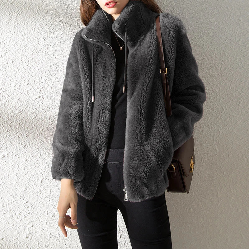 Female Winter Jacket Thickened Doublesided Velvet Standup Collar Warm Retro Style Elegant Short Womens Cardigan Clothes 251028