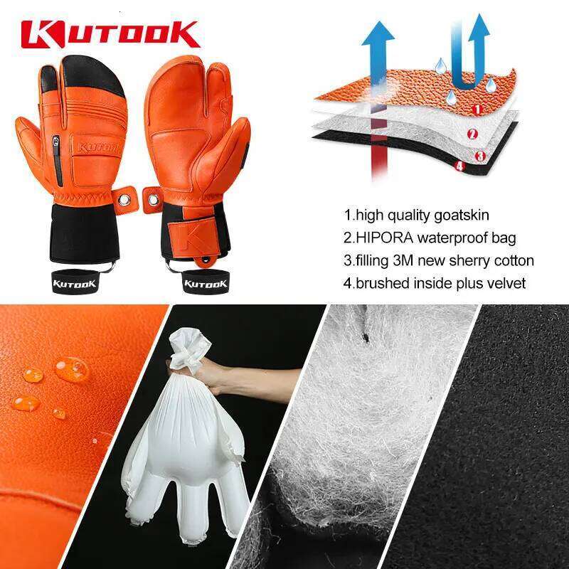 KUTOOK Winter Ski Goatskin Leather Mittens 3M Thinsulate Snowboard Thermal Warm Skiing Gloves Waterproof Men Women