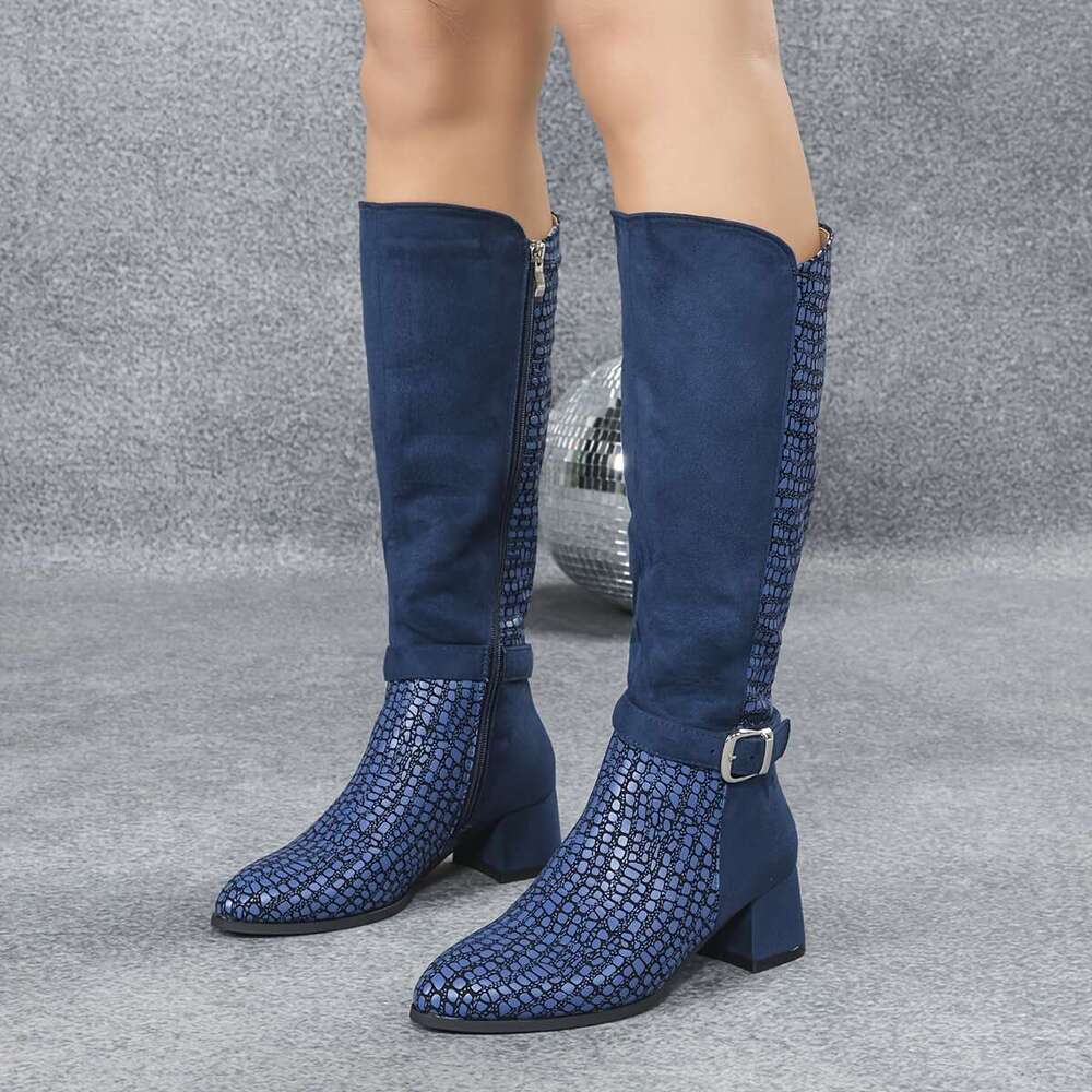 Women's Elegant Navy Blue Knee-High Boots With Thick Heel, Side Zipper Round Toe - All-Season Faux Cover/Fabric Upper, Plush Lining & TPU Sole Fo