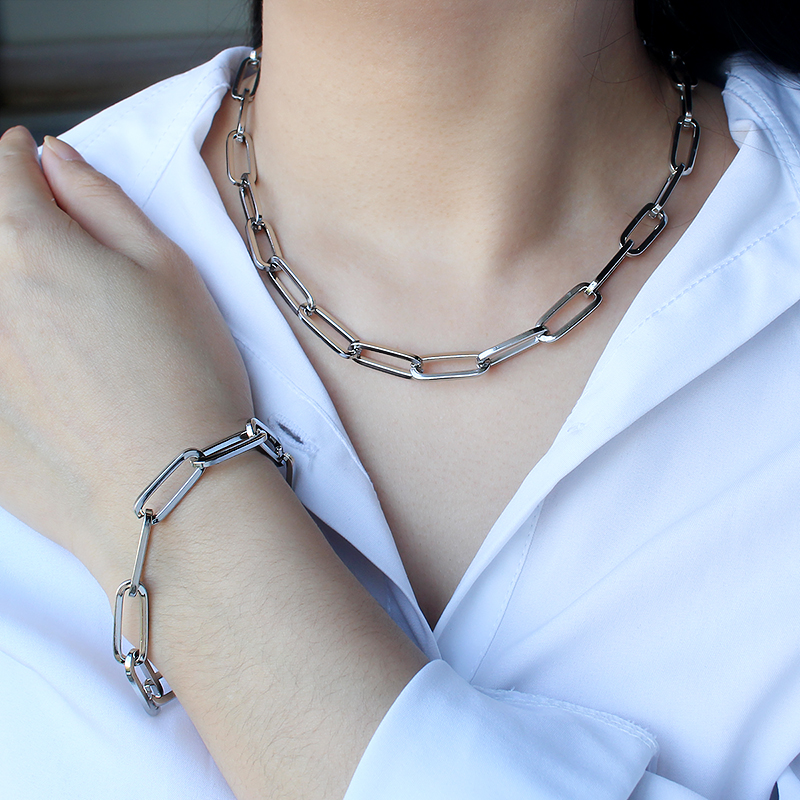 Wholesale Custom Waterproof Silver Plated Stainless Steel Jewelry Set Non-Tarnish Flat Paper Clip Link Chain Necklace Bracelet