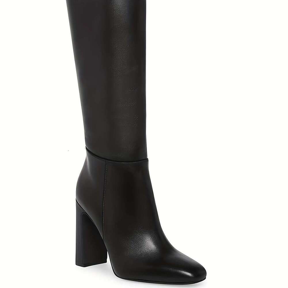 Women's Chunky Heeled Knee High Boots Classic PU Cover Square Toe Zippered Tall Boot