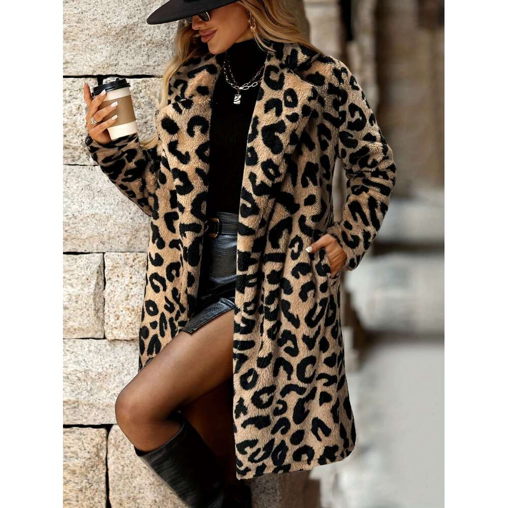 Leopard Print Coat Long Sleeve Loose Fit Jacket With Flip Collar Black Tan Animal Pattern Outerwear For Fall Winter Everyday Formal Outfits Women S