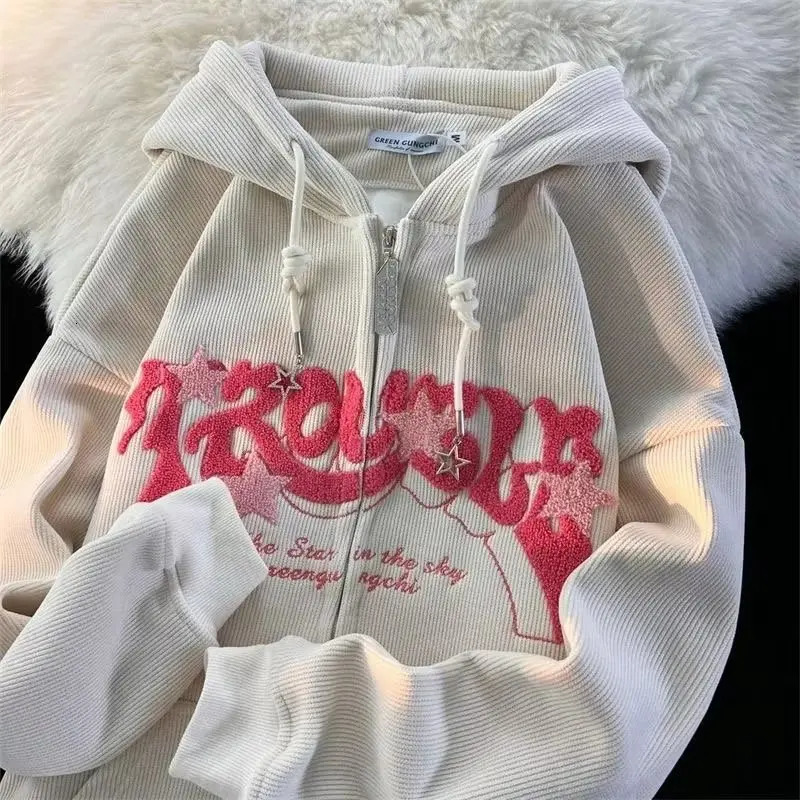 Autumn Long Sleeve Hooded Tops Fashion Zipper Embroidery Y2K Harajuku Streetwear Hoodies Jackrts Women Loose Sweatshirts 251030