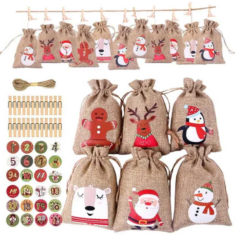 24Pcs DIY Christmas Advent Calendar Gift Bags Merry Christmas Decor For Paper Clips Stickers Cristmas Ornament Xmas Navidad C251030