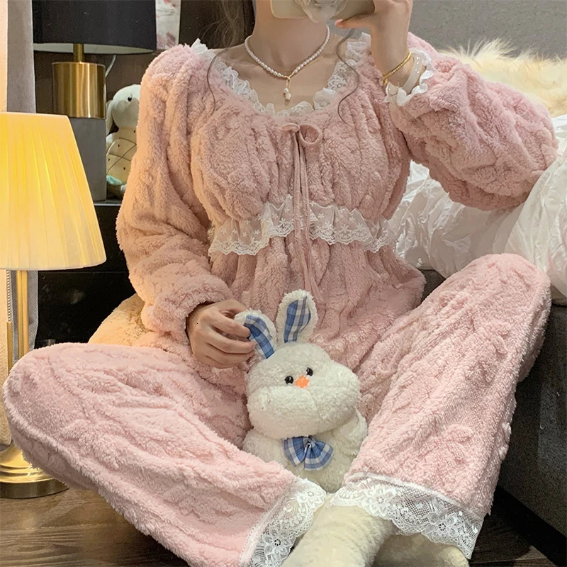 Winter Plush Soft Warm Womens Pajamas Lace Vneck Long Sleeve 2 Piece Outfit Set Women Sweet Solid Color Princess Home Wear 251029